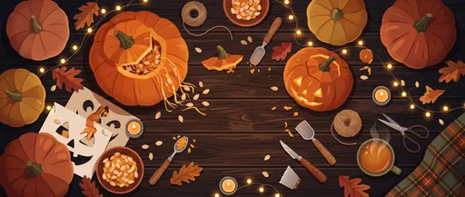 Cozy Halloween Pumpkin Carving Table Illustration