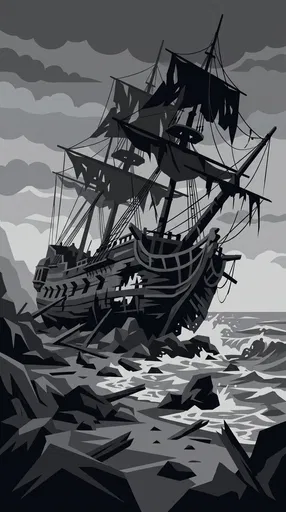 Monochrome Graphic Pirate Shipwreck on Rocks