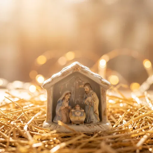 Porcelain Christmas Nativity Scene on Golden Straw