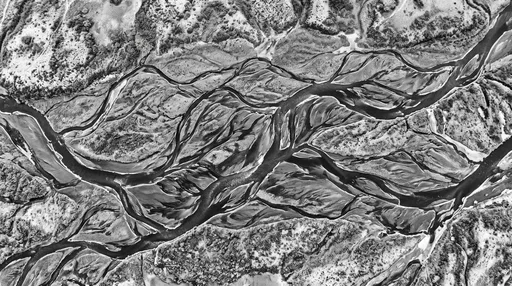 Monochrome Aerial View of Braided Glacial River