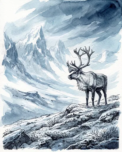 Caribou on Tundra Ridge Illustration