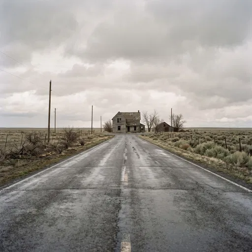 Wet Road Leading to Weathered Farmhouse