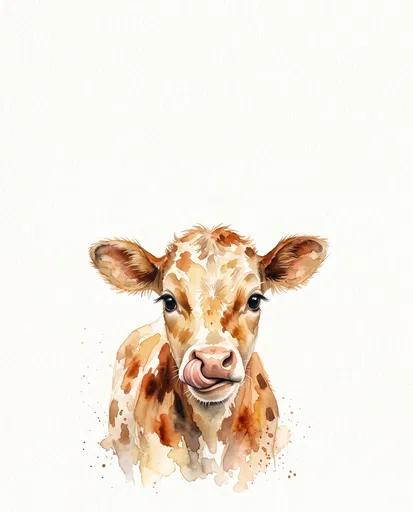 Watercolor Spotted Calf Licking Nose