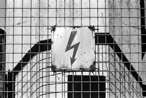 Weathered High Voltage Sign on Fence