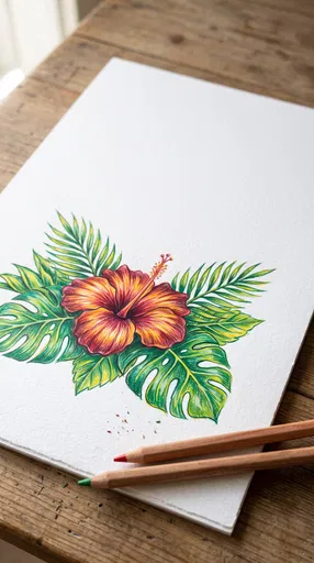 Colored Pencil Hibiscus Drawing on Paper