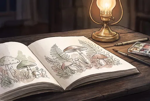 Watercolor Sketchbook with Mushrooms by Lamp