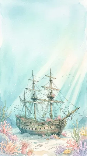 Watercolor Sunken Shipwreck on Coral Reef