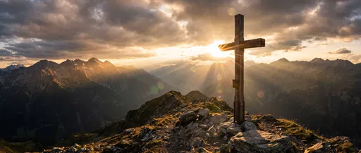 Wooden Cross on Mountain Peak at Sunset