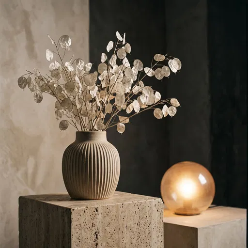 Ceramic Vase With Dried Lunaria On Plinth