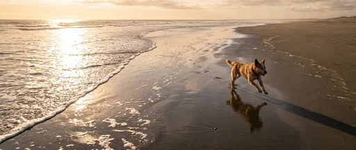 Red Heeler Running on Sunset Beach
