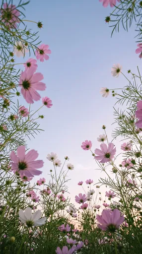 Low Angle Pastel Cosmos Flowers Sky