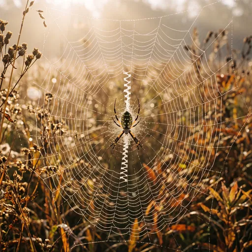 Yellow Garden Spider on Dewy Web