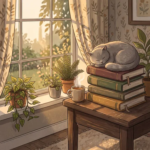 Grey Cat Sleeping on Vintage Books