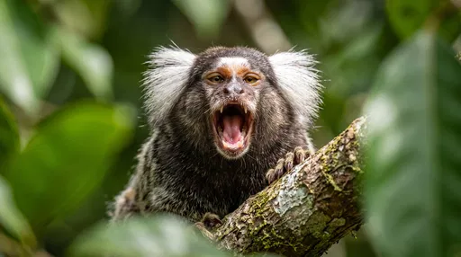 Close-Up of Common Marmoset Yawning on Branch