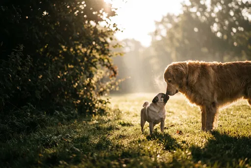 Pug and Golden Retriever Touching Noses