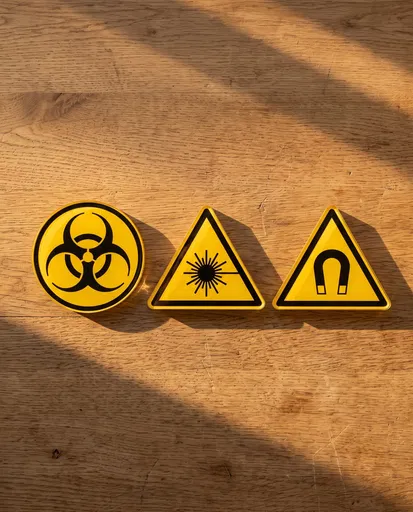Yellow Acrylic Safety Pictograms on Wood