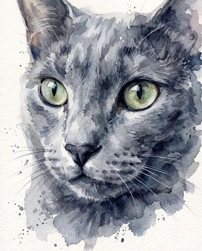 Watercolor Portrait of Russian Blue Cat