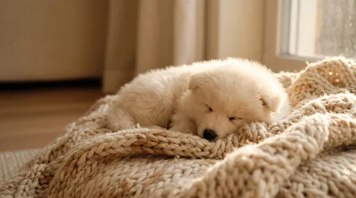 Fluffy White Puppy Sleeping on Knit Blanket