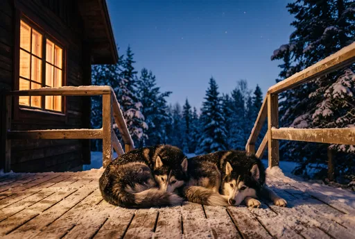 Two Huskies Resting on Snowy Cabin Deck