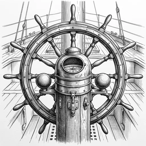 Pen and Ink Ship Wheel Illustration