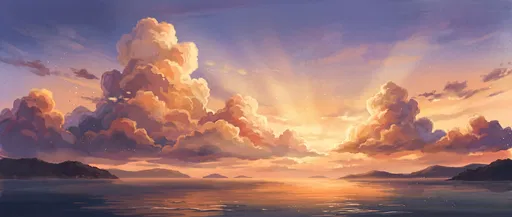 Anime Coastal Sunset With Towering Clouds