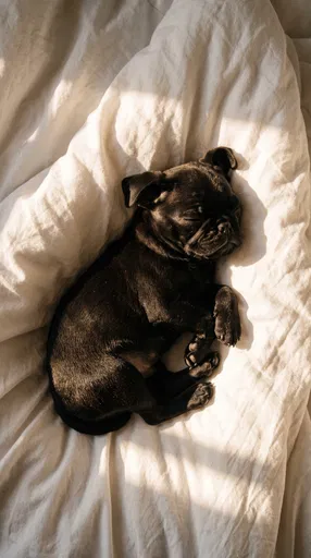 Black Pug Puppy Sleeping on White Blanket