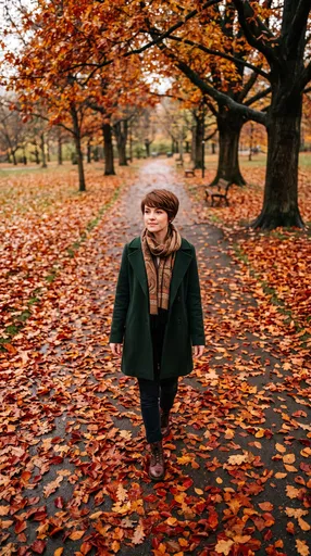 Woman Walking on Autumn Park Path