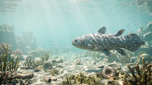 Prehistoric Coelacanth in Sunlit Shallow Lagoon