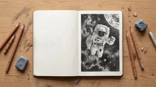 Sketchbook With Graphite Astronaut Drawing Flat Lay