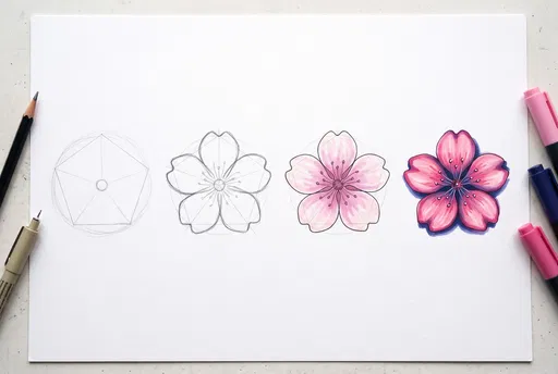 Step-by-Step Cherry Blossom Drawing Progression