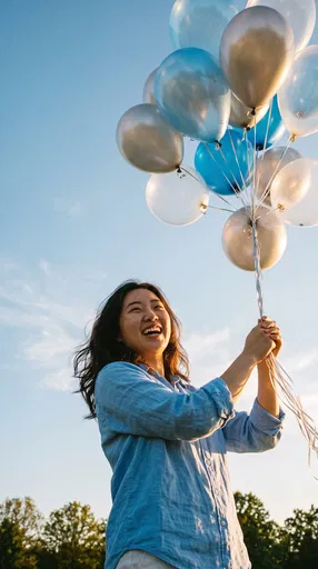 Joyful Woman Holding Blue and Silver Balloons