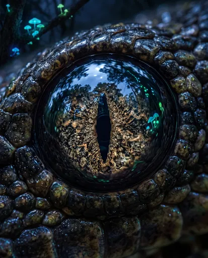 Macro Reptile Eye Reflecting Glowing Mushrooms