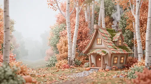 Whimsical 3D Cottage in Autumn Birch Forest