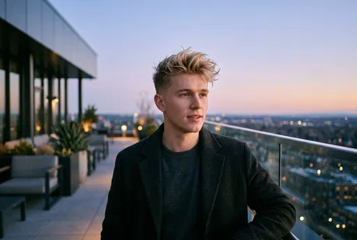 Young Man on Rooftop Terrace at Dusk