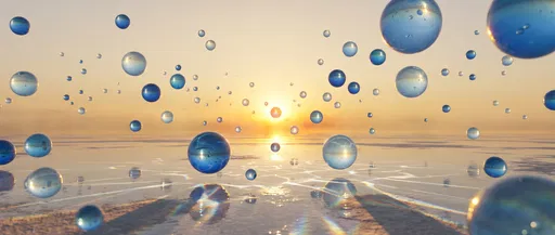Floating Blue Glass Spheres at Sunset