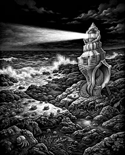 Seashell Lighthouse Scratchboard Illustration