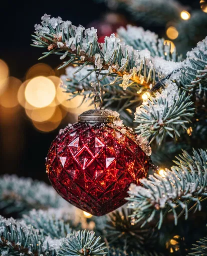 Red Glass Ornament on Frosted Branch