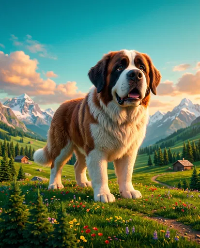 Giant Stylized Saint Bernard in Alpine Meadow