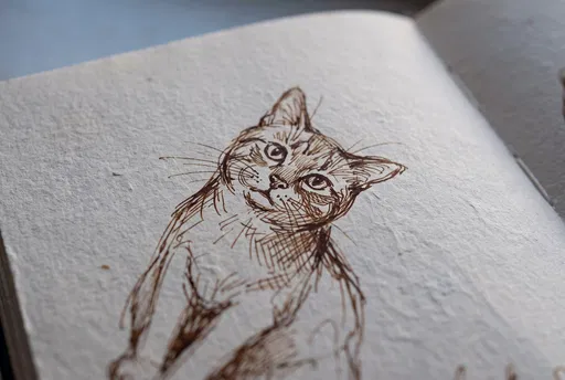 Brown Ink Cat Sketch in Notebook