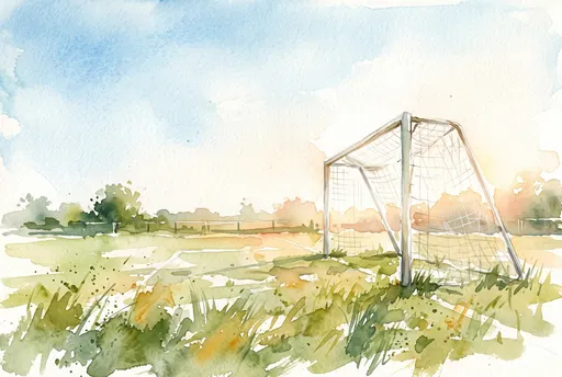 Watercolor Illustration of Sunny Football Pitch Goalpost