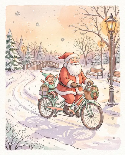 Watercolor Illustration of Santa and Elf on Bicycle