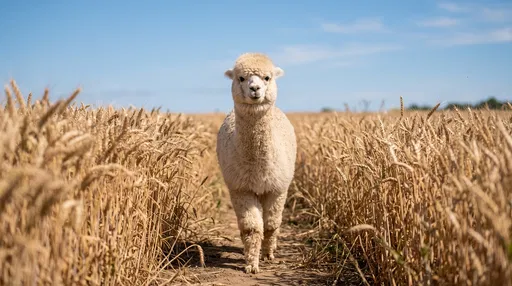 Cream Alpaca Walking Through Golden Wheat Field