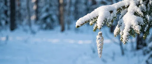 Silver Icicle Ornament on Snowy Fir Branch