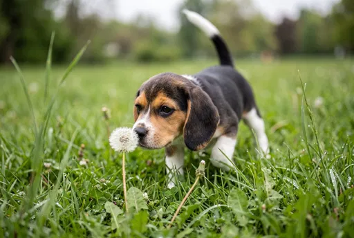 Beagle Puppy Sniffing Dandelion in Grass
