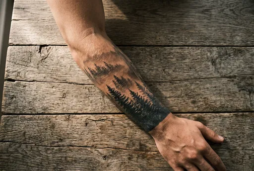 Man Forearm With Pine Forest Tattoo
