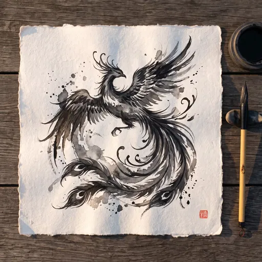 Black Ink Wash Phoenix Painting Flat Lay