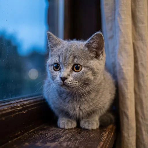 Grey Kitten Sitting on Windowsill