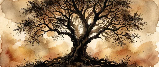 Watercolor and Ink Ancient Tree Silhouette