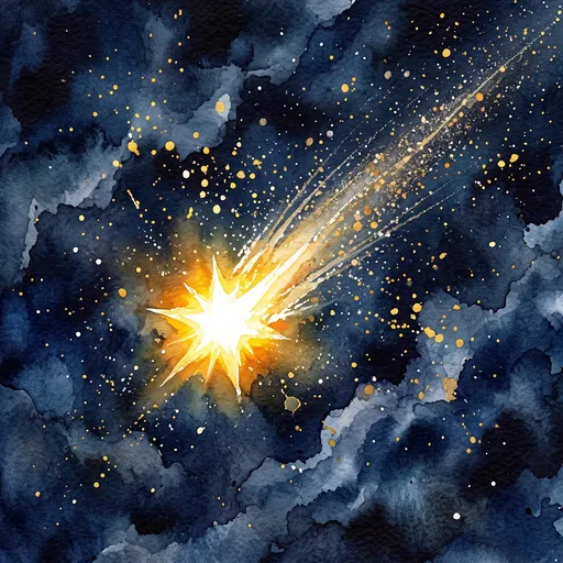 Watercolor Golden Shooting Star in Night Sky