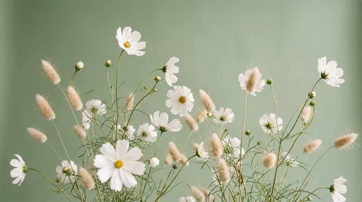 White Cosmos and Bunny Tails on Sage